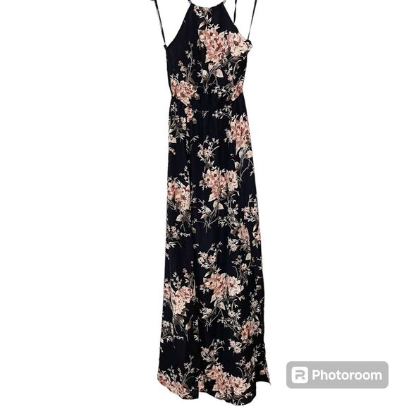 Lulus Feel The Music Dress Floral Maxi Halter Flowy Long Midnight Blue XS New - Picture 2 of 11